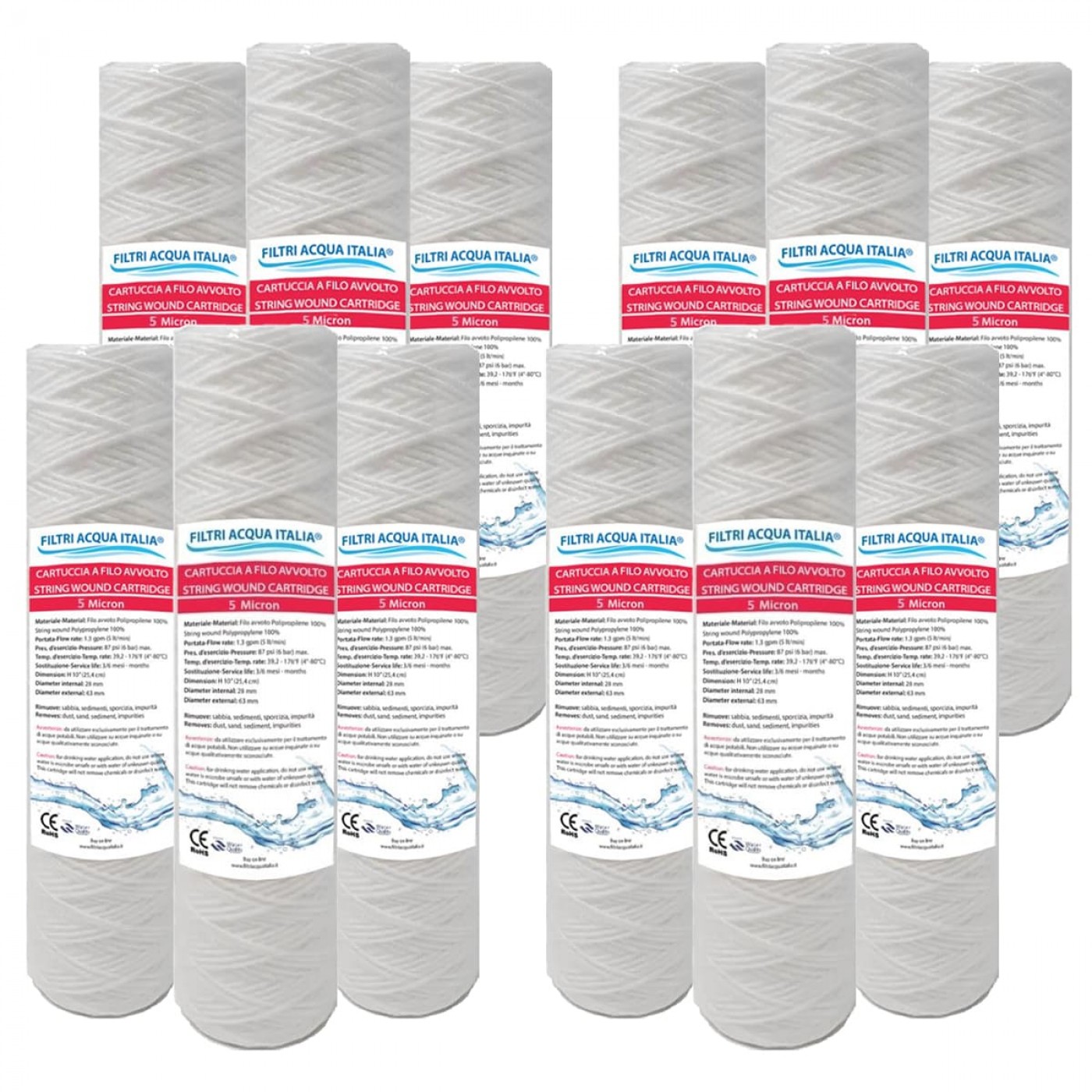 Cartuccia Filtrante Filo Avvolto 10' Pollici micron 5 Set 12 Pezzi